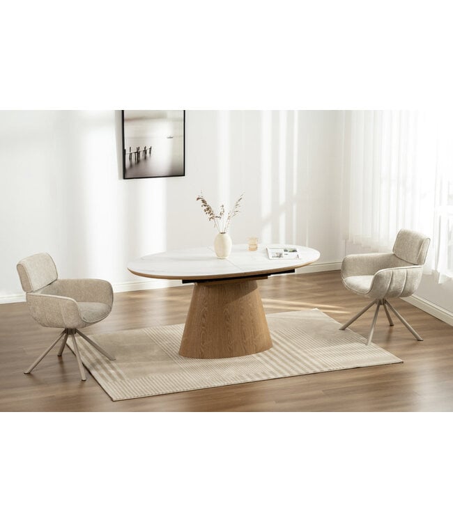 Invicta Interior UNIEKE eettafel van 160-200 cm, uitschuifbaar, gemaakt van gelakt eikenhout met een blad van wit keramisch marmer. - 47658