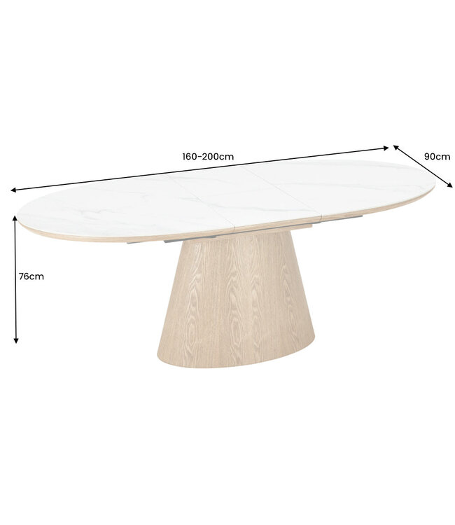 Invicta Interior UNIEKE eettafel van 160-200 cm, uitschuifbaar, gemaakt van gelakt eikenhout met een blad van wit keramisch marmer. - 47658