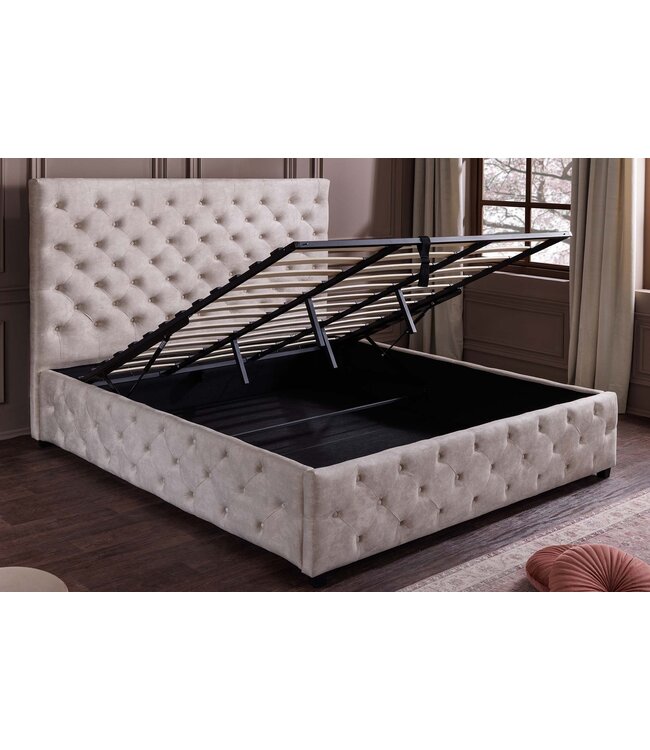 Invicta Interior Bed PARIS 160x200cm CHESTERFIELD-look fluweel champagnebeige met opbergruimte - 48075