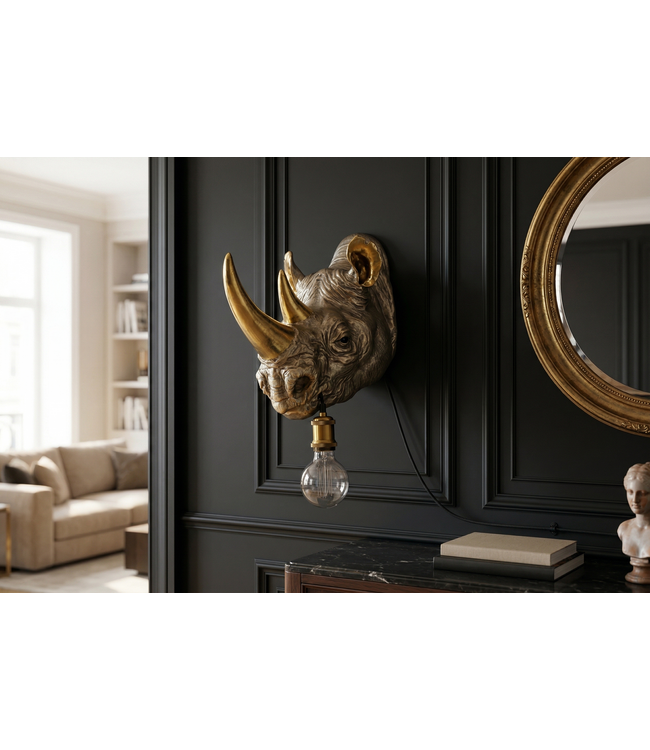 Invicta Interior Wandlamp RHINO 40 cm handgemaakte gouden neushoornsculptuur - 48004