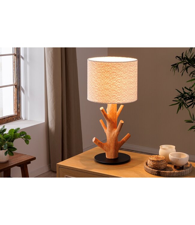 Invicta Interior Tafellamp JEWELRY 60cm natuurlijke mangosteenhouten lampenkap wit bouclé - 46648