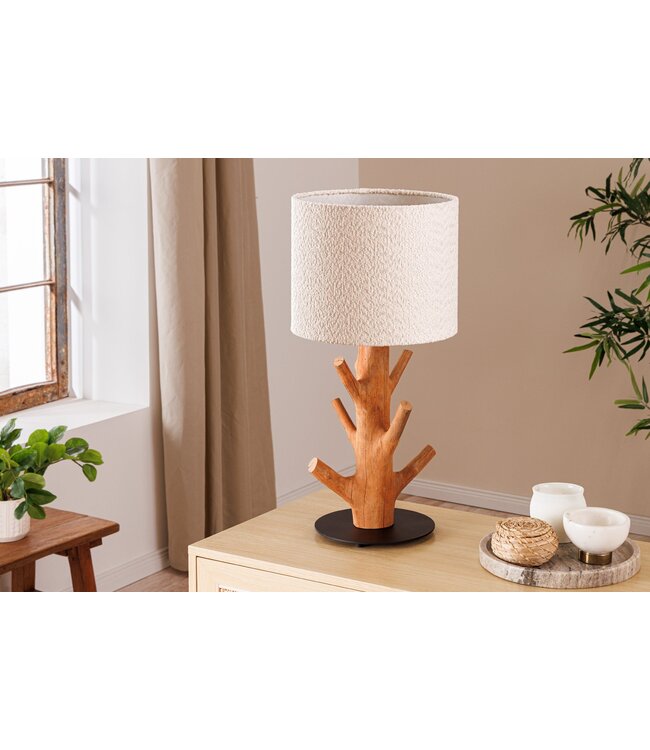 Invicta Interior Tafellamp JEWELRY 60cm natuurlijke mangosteenhouten lampenkap wit bouclé - 46648