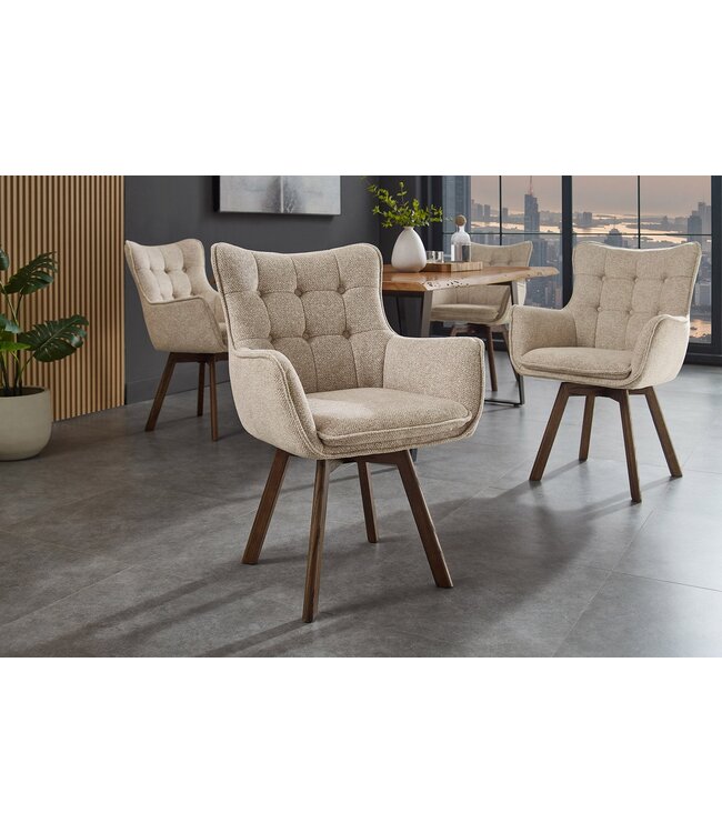 Invicta Interior Draaistoel THOR 360° met armleuningen, lichtbeige stof met structuur en een frame van donker eikenhout. - 47710