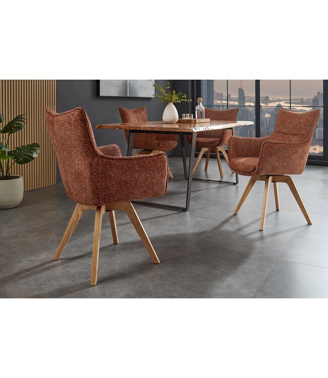 Invicta Interior Draaistoel VOGUE 360° met armleuningen, gestructureerde stof, roestbruin, met eikenhouten frame, naturel. - 47706