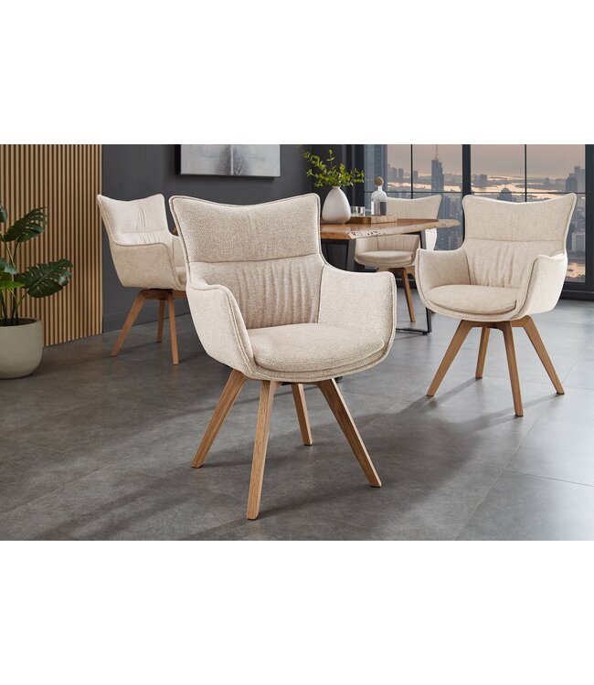 Invicta Interior Draaistoel VOGUE, 360° draaibaar, met beige, gestructureerde stof en een naturel eikenhouten frame. - 47705