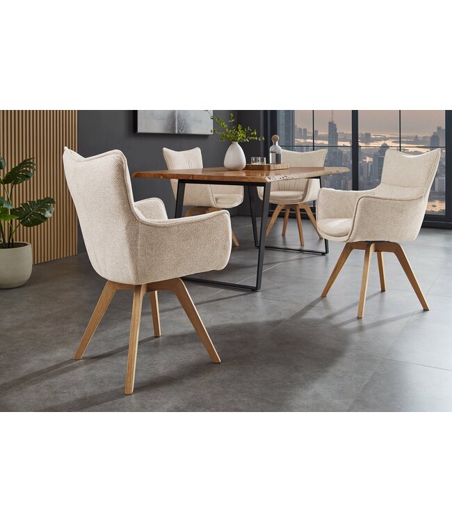 Invicta Interior Draaistoel VOGUE, 360° draaibaar, met beige, gestructureerde stof en een naturel eikenhouten frame. - 47705