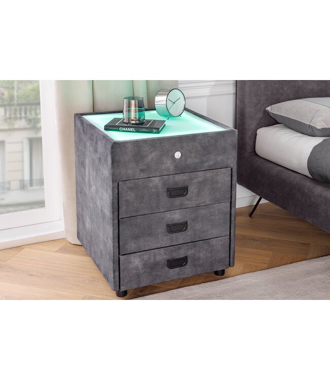 Invicta Interior Nachtkastje PARIS met LED-verlichting 55 cm, fluweelgrijs - 46009