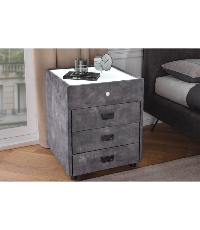 Invicta Interior Nachtkastje PARIS met LED-verlichting 55 cm, fluweelgrijs - 46009