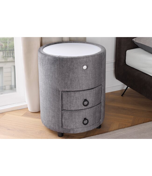 Invicta Interior Rond nachtkastje SIGNUM met LED-verlichting, 55 cm, fluweelgrijs. - 46410