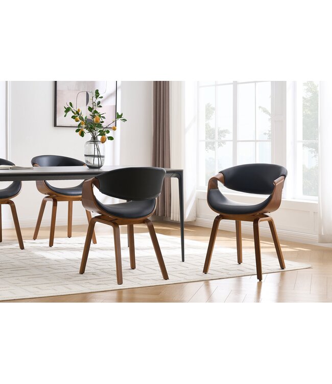 Invicta Interior Stoel ORGANIC met armleuningen, zwart kunstleer en frame in walnoothoutlook, retrostijl - 46666