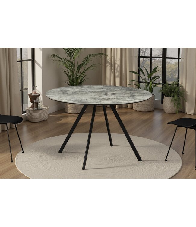 Invicta Interior Eettafel ATELIER 120 cm rond, grijze steenlook met zwarte metalen poten - 46570