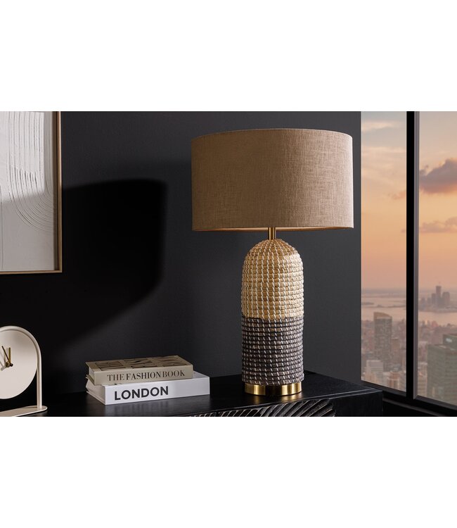 Invicta Interior Tafellamp ZEA 60cm met kleurverloop van zeegras, naturel bruin en goud, inclusief lampenkap van ruw linnen in bruin. - 46650