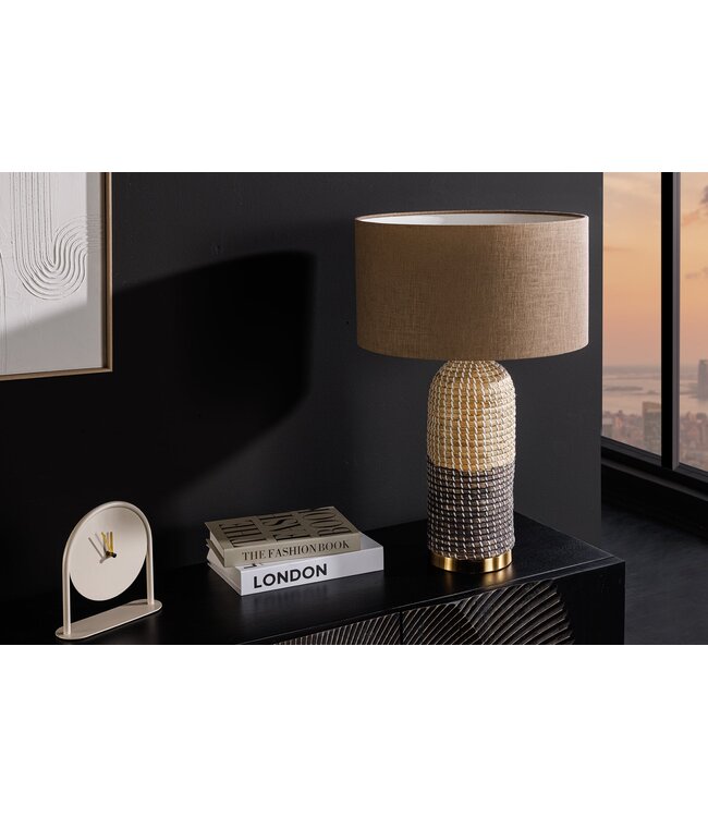 Invicta Interior Tafellamp ZEA 60cm met kleurverloop van zeegras, naturel bruin en goud, inclusief lampenkap van ruw linnen in bruin. - 46650