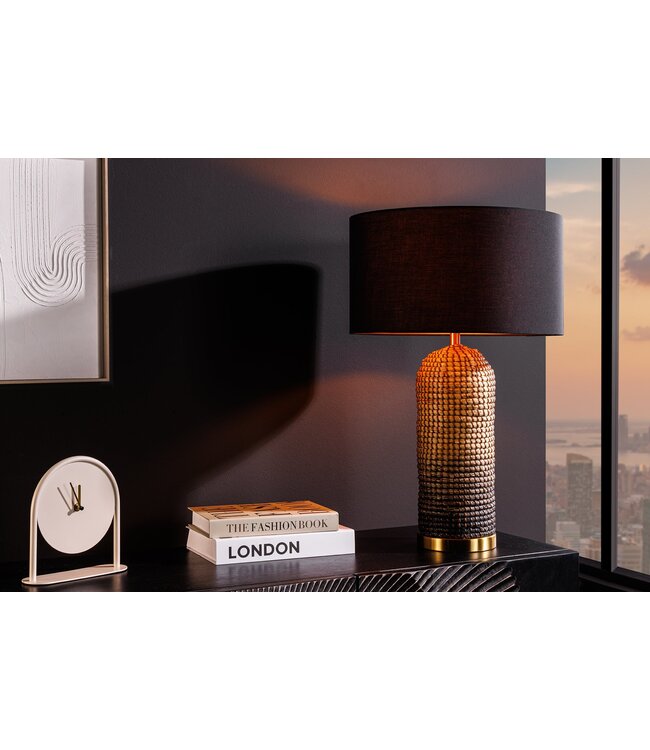 Invicta Interior Tafellamp ZEA 60cm met kleurverloop van zeegras, naturel bruin en goud, inclusief lampenkap van ruw linnen in zwart. - 46651