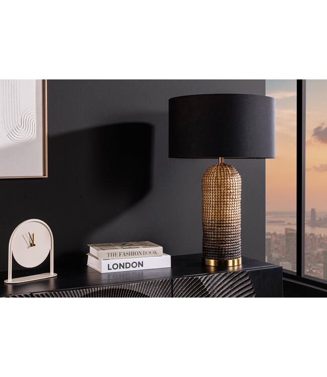 Invicta Interior Tafellamp ZEA 60cm met kleurverloop van zeegras, naturel bruin en goud, inclusief lampenkap van ruw linnen in zwart. - 46651