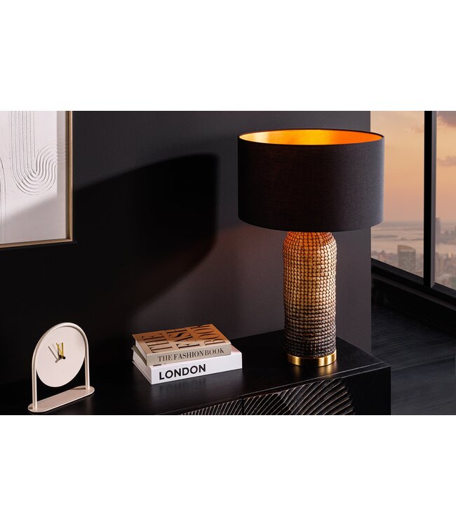 Invicta Interior Tafellamp ZEA 60cm met kleurverloop van zeegras, naturel bruin en goud, inclusief lampenkap van ruw linnen in zwart. - 46651