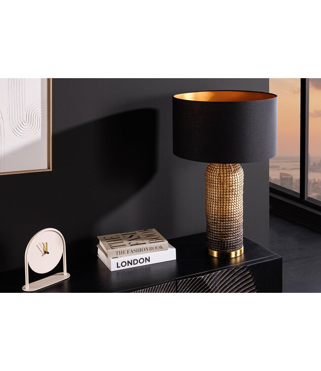 Invicta Interior Tafellamp ZEA 60cm met kleurverloop van zeegras, naturel bruin en goud, inclusief lampenkap van ruw linnen in zwart. - 46651