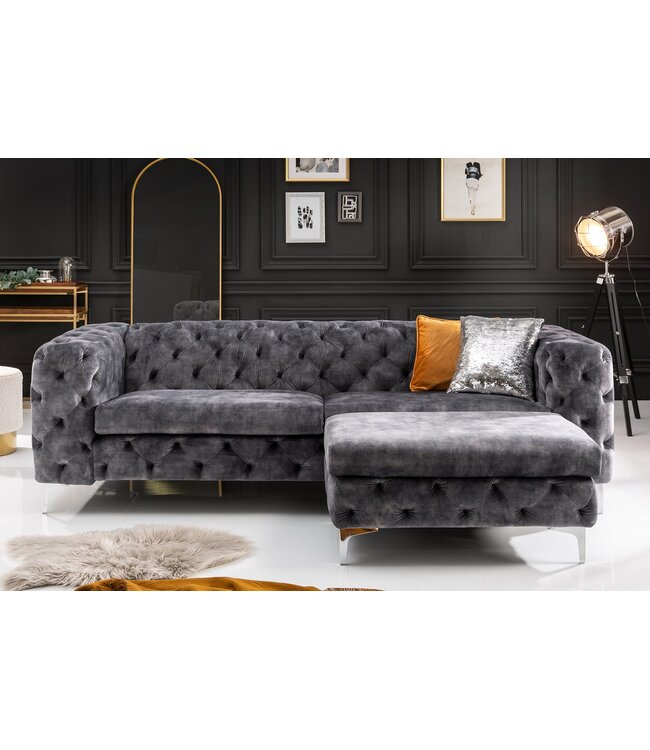 Invicta Interior Kruk MODERN BAROCK 90 cm, fluweel donkergrijs, in Chesterfield-stijl - 45980