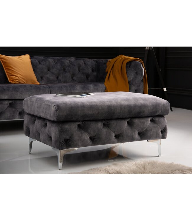 Invicta Interior Kruk MODERN BAROCK 90 cm, fluweel donkergrijs, in Chesterfield-stijl - 45980