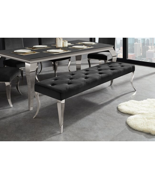 Invicta Interior Moderne barokbank 170 cm, roestvrijstalen poten, zilverkleurig fluweel, zwart - 47495