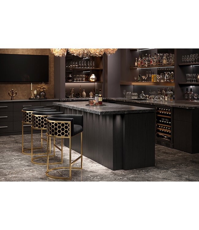 Invicta Interior Barkruk ELEGANCE, fluweelzwart met goudkleurig roestvrijstalen frame - 47502