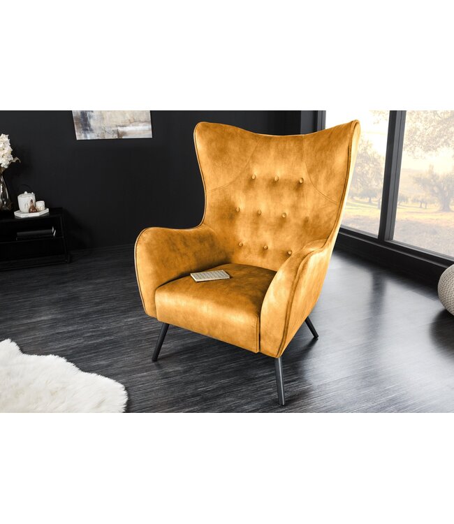 Invicta Interior Fauteuil AMSTERDAM, fluweel, mosterdgeel, zwarte metalen poten - 44484
