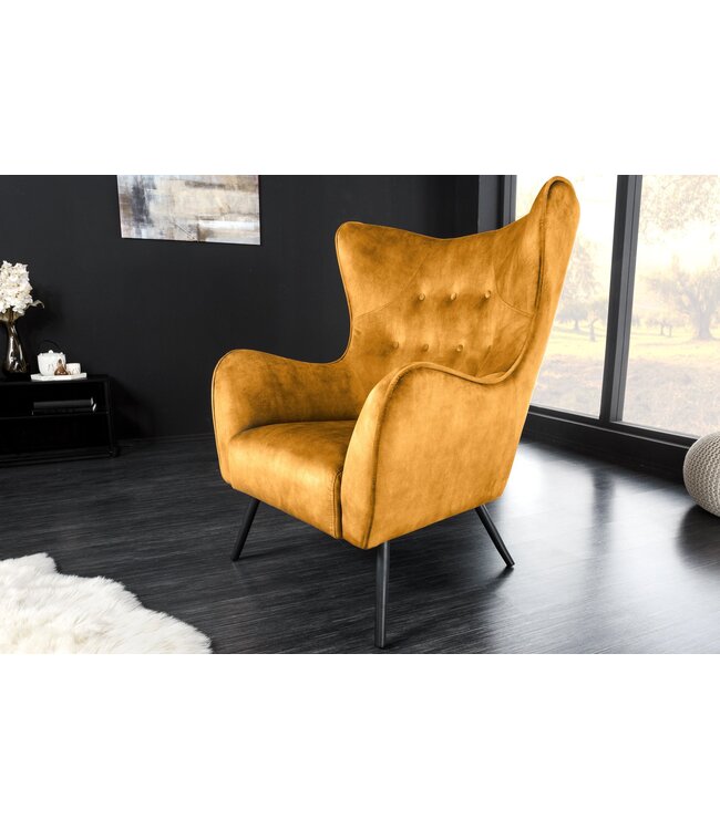 Invicta Interior Fauteuil AMSTERDAM, fluweel, mosterdgeel, zwarte metalen poten - 44484