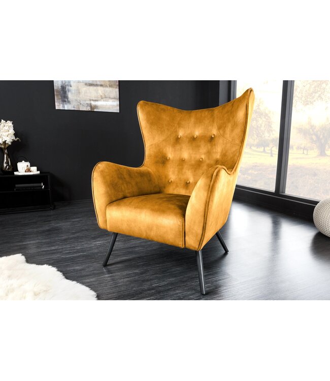 Invicta Interior Fauteuil AMSTERDAM, fluweel, mosterdgeel, zwarte metalen poten - 44484