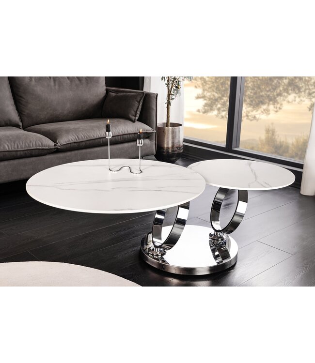 Invicta Interior Salontafel DANCING RINGS 80-135 cm, draaibaar, met chromen onderstel en keramisch blad, wit marmer - 46318
