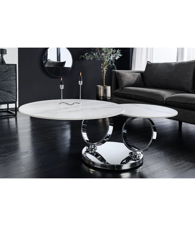 Invicta Interior Salontafel DANCING RINGS 80-135 cm, draaibaar, met chromen onderstel en keramisch blad, wit marmer - 46318