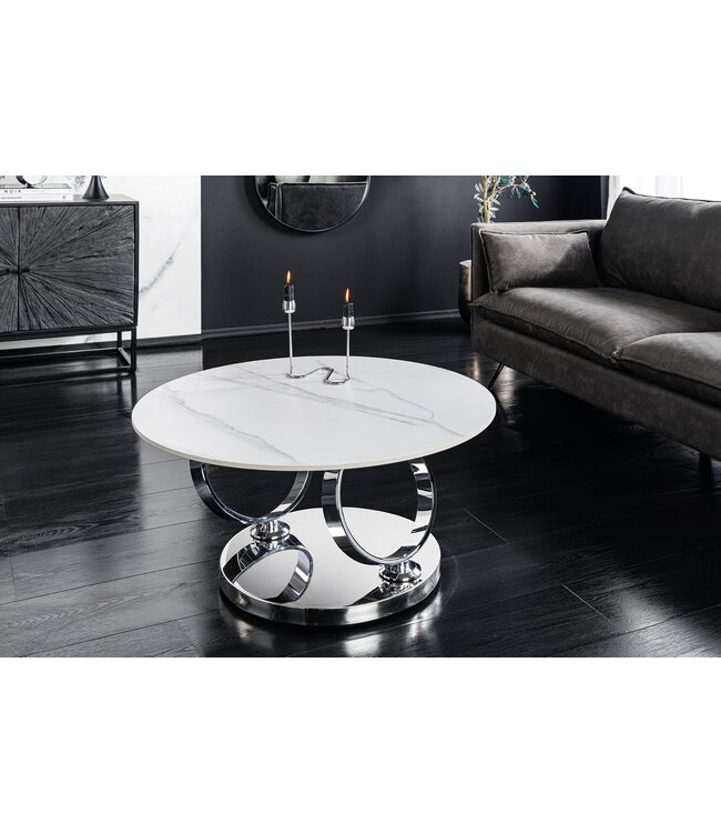 Invicta Interior Salontafel DANCING RINGS 80-135 cm, draaibaar, met chromen onderstel en keramisch blad, wit marmer - 46318
