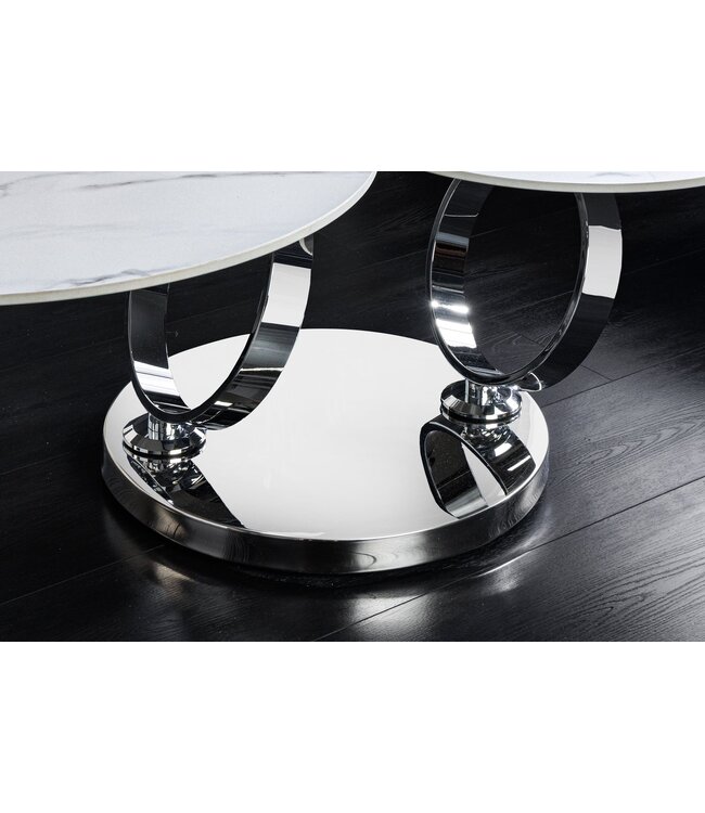 Invicta Interior Salontafel DANCING RINGS 80-135 cm, draaibaar, met chromen onderstel en keramisch blad, wit marmer - 46318