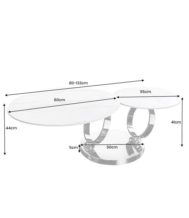 Invicta Interior Salontafel DANCING RINGS 80-135 cm, draaibaar, met chromen onderstel en keramisch blad, wit marmer - 46318