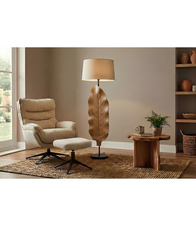 Invicta Interior Vloerlamp LEAF 130 cm breed, stoffen lampenkap, teak, wit, naturel - 46938