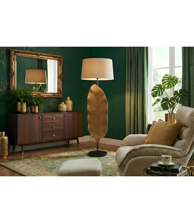 Invicta Interior Vloerlamp LEAF 130 cm breed, stoffen lampenkap, teak, wit, naturel - 46938