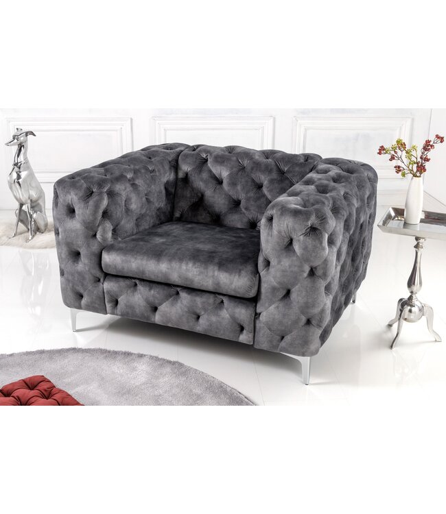 Invicta Interior Moderne barokke fauteuil in Chesterfield-stijl, 120 cm, grijs fluweel - 45977