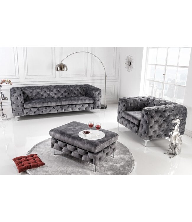 Invicta Interior Moderne barokke fauteuil in Chesterfield-stijl, 120 cm, grijs fluweel - 45977