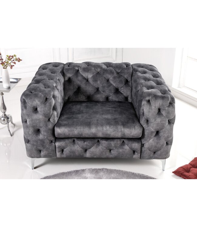 Invicta Interior Moderne barokke fauteuil in Chesterfield-stijl, 120 cm, grijs fluweel - 45977