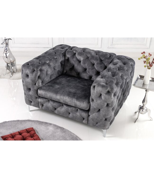 Invicta Interior Moderne barokke fauteuil in Chesterfield-stijl, 120 cm, grijs fluweel - 45977