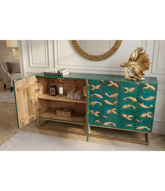 Invicta Interior Dressoir GOLDEN LAGOON 180 cm 3D mangohout turquoise metaal goud - 46200