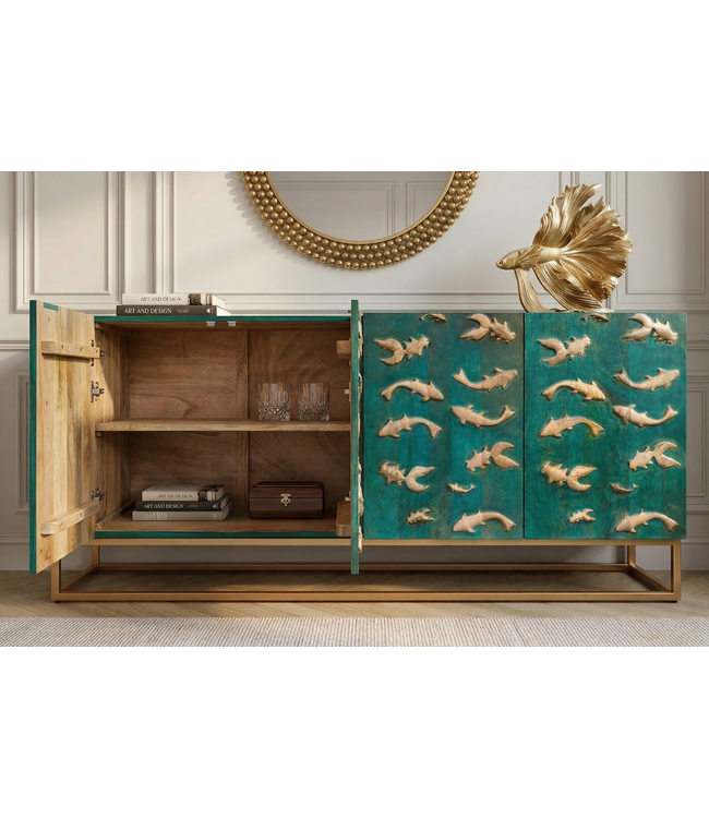 Invicta Interior Dressoir GOLDEN LAGOON 180 cm 3D mangohout turquoise metaal goud - 46200