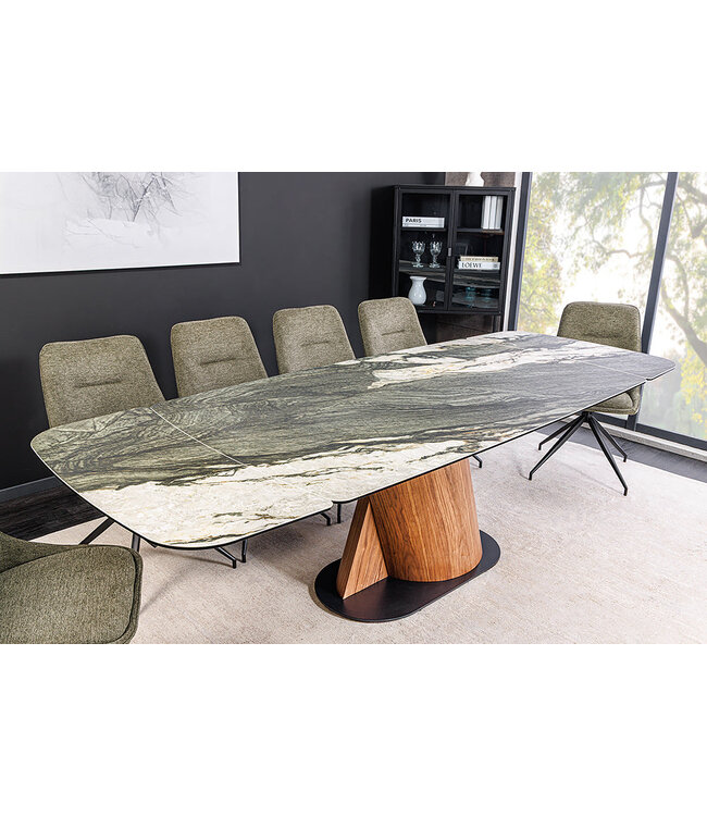 Invicta Interior Eettafel ELEMENTS 180-260 cm, uitschuifbaar, met walnoothouten frame en keramisch blad in taupe-grijze marmerlook. - 46475