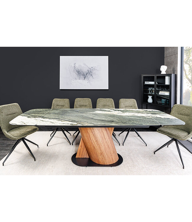 Invicta Interior Eettafel ELEMENTS 180-260 cm, uitschuifbaar, met walnoothouten frame en keramisch blad in taupe-grijze marmerlook. - 46475