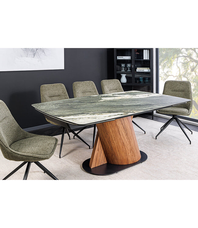 Invicta Interior Eettafel ELEMENTS 180-260 cm, uitschuifbaar, met walnoothouten frame en keramisch blad in taupe-grijze marmerlook. - 46475