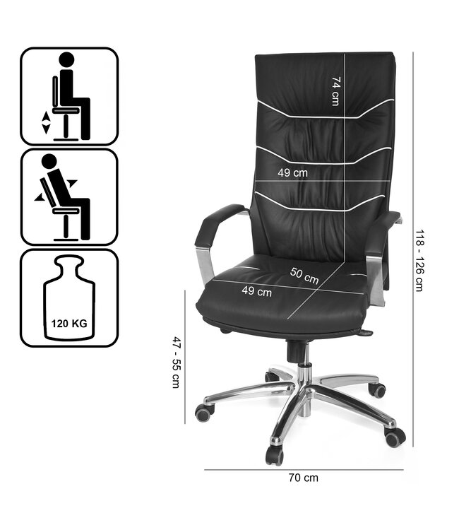 Amstyle X-XL Office chair FERROL tot 120kg executive fauteuil leder zwart ergonomische armleuningen bureaustoel hoge rugleuning