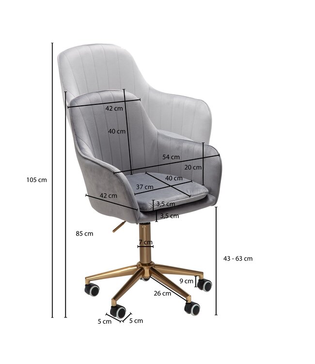 Amstyle Bureaustoel Fluweel Grijs, Design Draaistoel met Rugleuning, Bureaustoel 120 kg in Hoogte Verstelbaar, Kuipstoel met Wielen, Draaibare Stoel