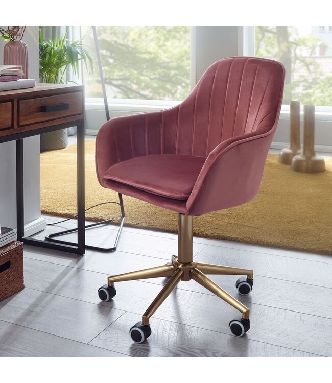Amstyle bureau  fluweel roze | Design draaistoel met rugleuning | Werkstoel 120 kg in hoogte verstelbaar | Schelpstoel met wielen | Schommelstoel