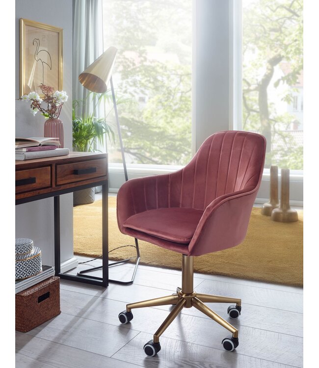 Amstyle bureau  fluweel roze | Design draaistoel met rugleuning | Werkstoel 120 kg in hoogte verstelbaar | Schelpstoel met wielen | Schommelstoel