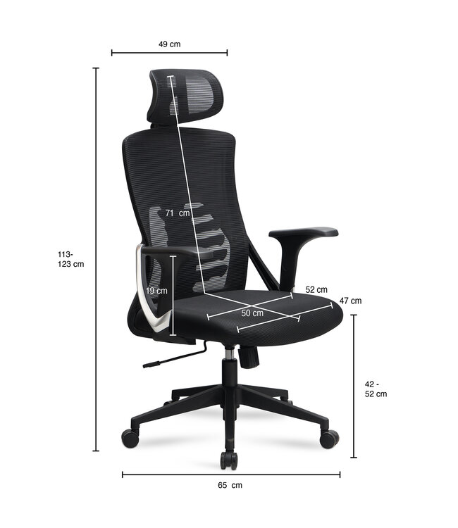Amstyle Bureaustoel Zwart Mesh Bekleding Bureaustoel tot 120 kg met Hoofdsteun | Bureaustoel in hoogte verstelbaar met lendensteun | Ergonomische stoffen bureaustoel met wipfunctie