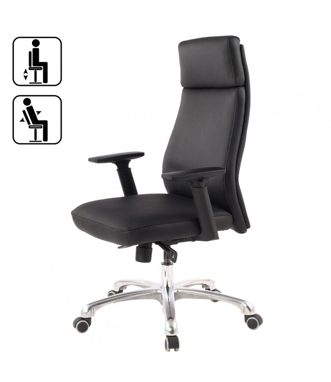 Amstyle bureaustoel PORTO Real Leather Black ergonomisch met hoofdsteun | Ontwerp van de bureaustoel bureaustoel ergonomisch met tilt-functie | Draaibare stoel met armleuningen X-XL 120 kg